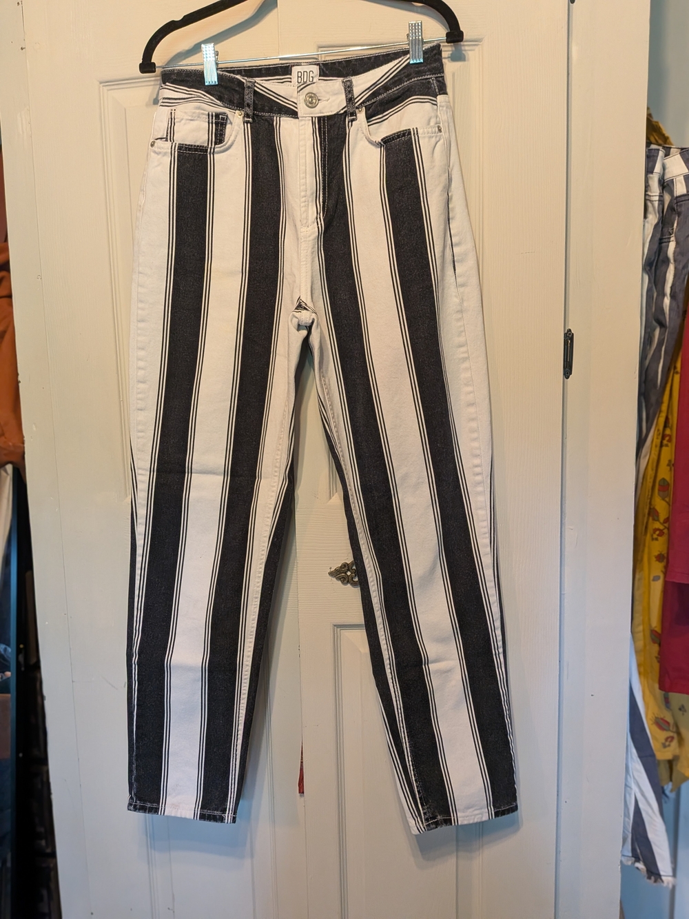 BDG Distressed Black and White Vertical Stripe High-Rise Mom Jeans Size 28